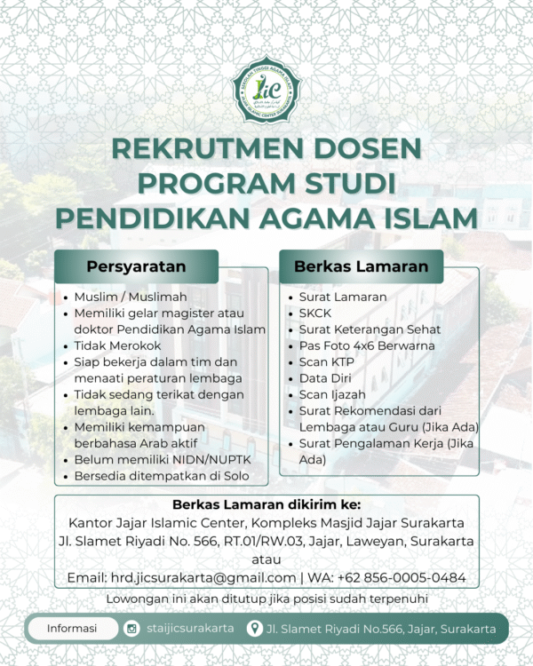 Rekrutmen Dosen Program Studi Pendidikan Agama Islam - STAIJIC